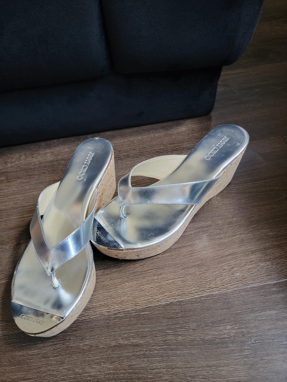 Jimmy Choo Metallic Silver Cork Wedge Thong Sandals